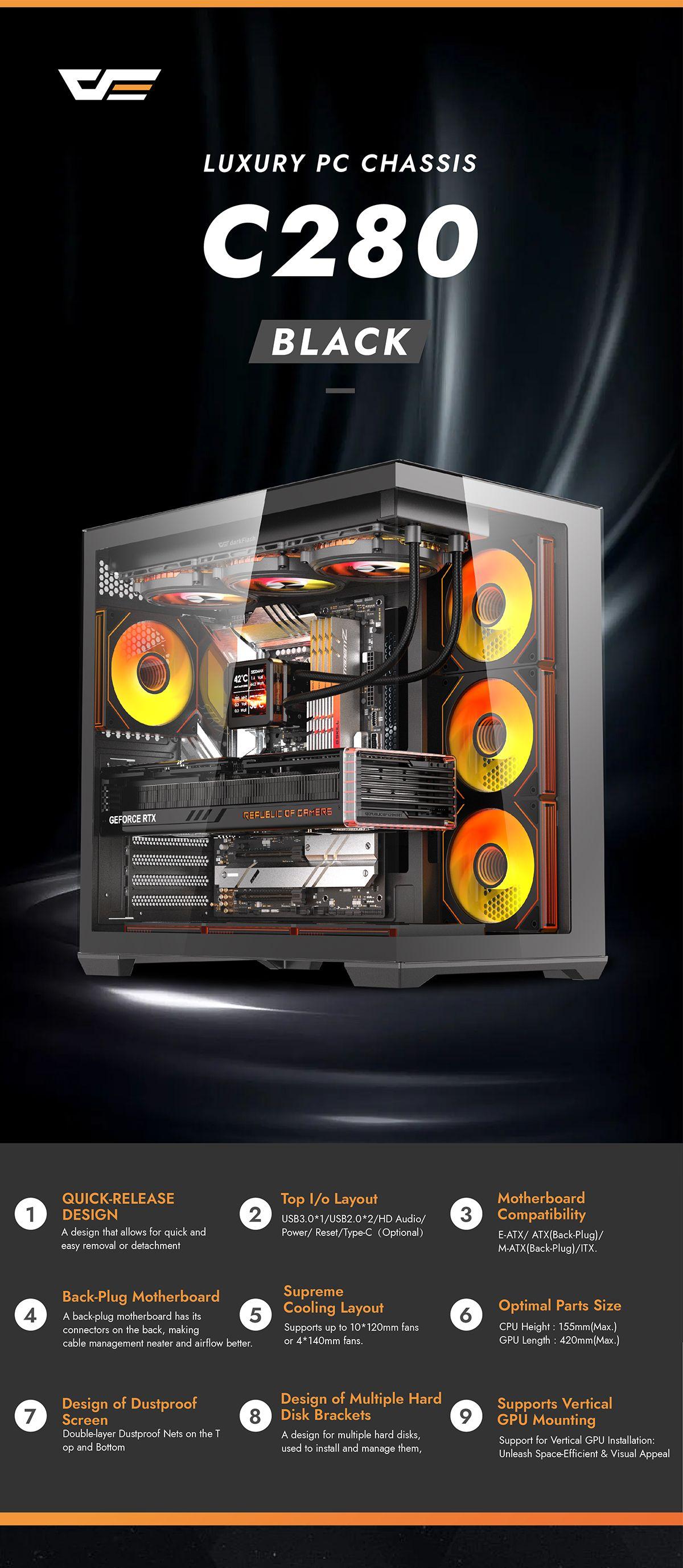 DarkFlash C280 E-ATX 270° Panoramic Dual-Glass Case — أبيض
