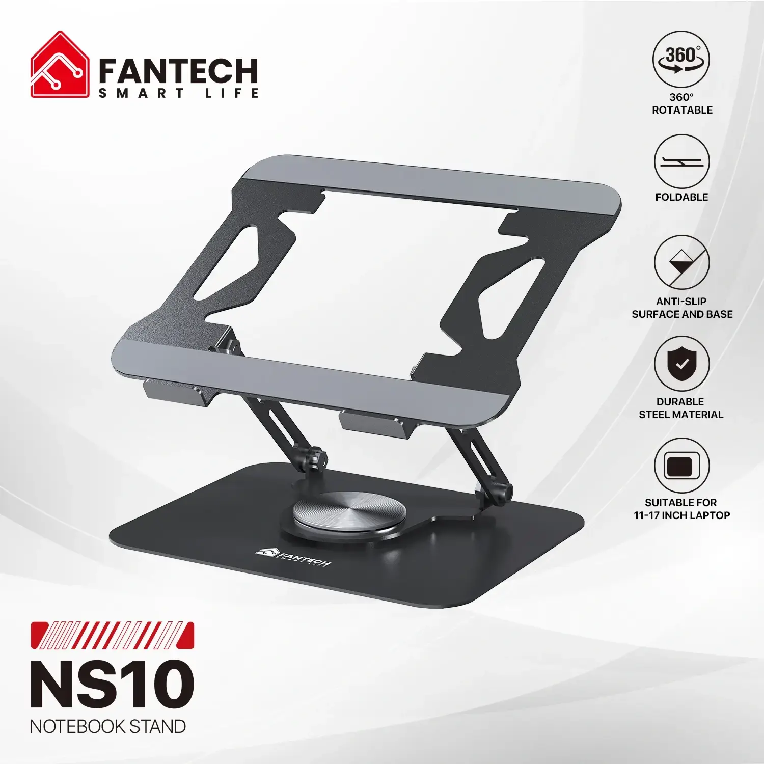 Fantech NS10 ستاند لابتوب فولاذي بقاعدة دوارة 360° — أسود