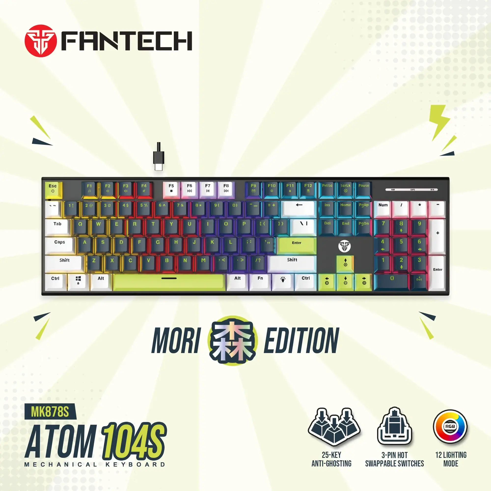 Fantech ATOM104S MK878S MORI Edition Full-Size Hot-Swappable Mechanical Keyboard - Red Switch - White/Blue (WHBL)