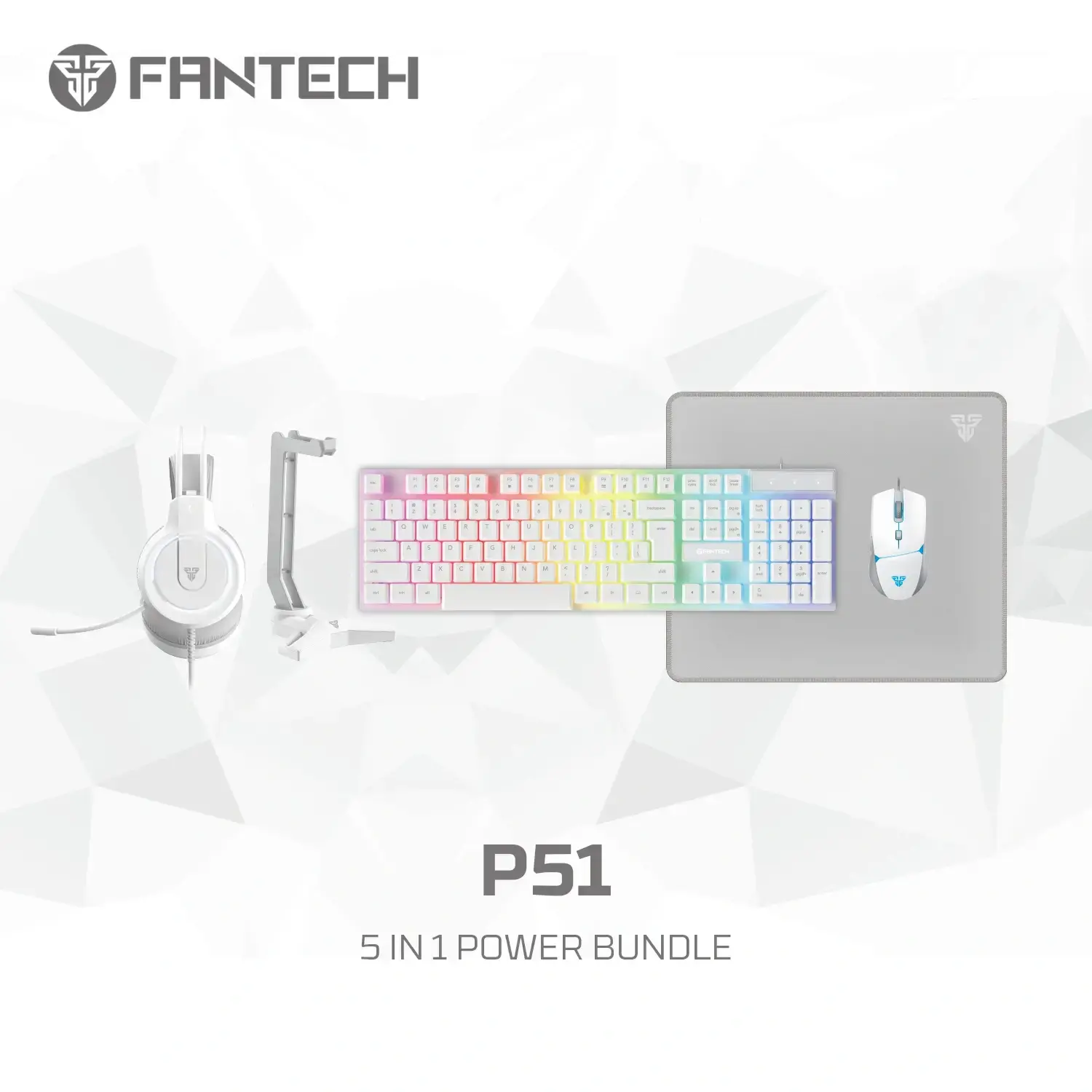 Fantech P51 5-in-1 White Power Bundle (Keyboard + Mouse + Headset + Mousepad + Stand)