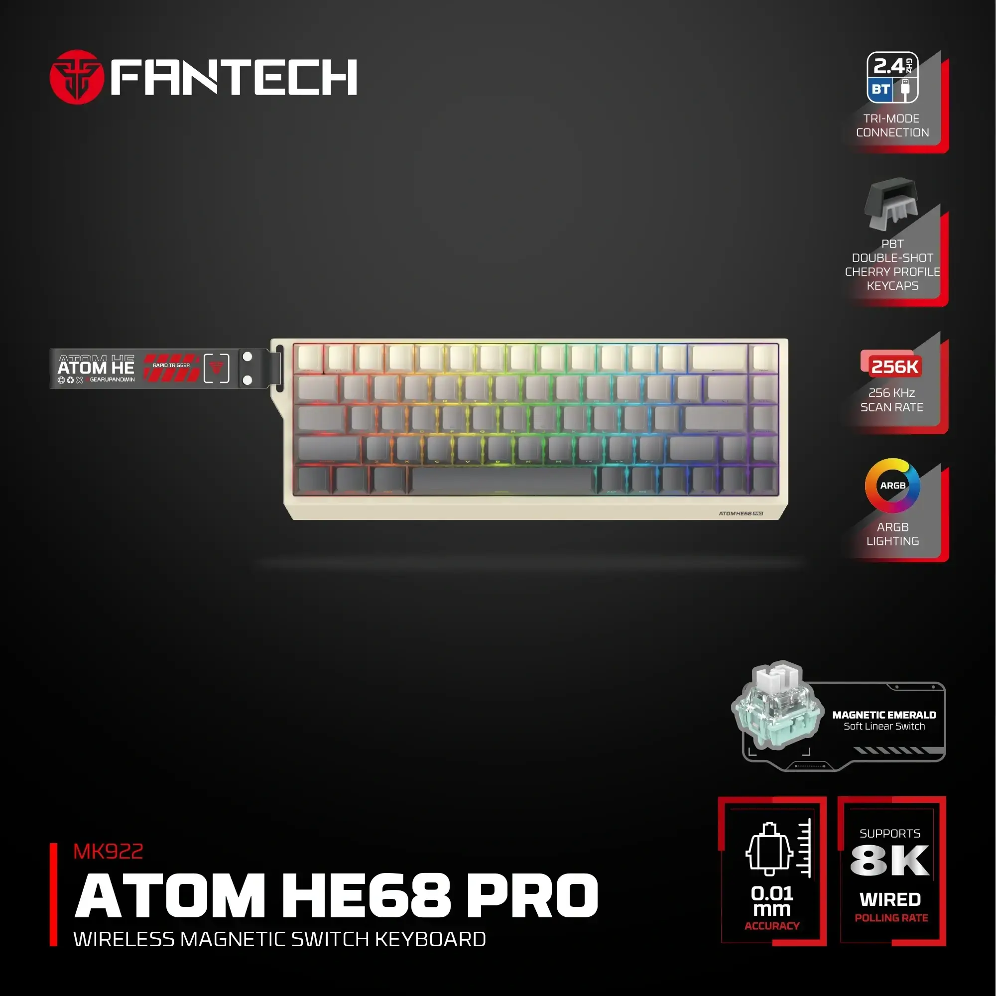 Fantech ATOM HE68 PRO MK922 - كيبورد مغناطيسي لاسلكي 68 مفتاح Retro Edition - رمادي