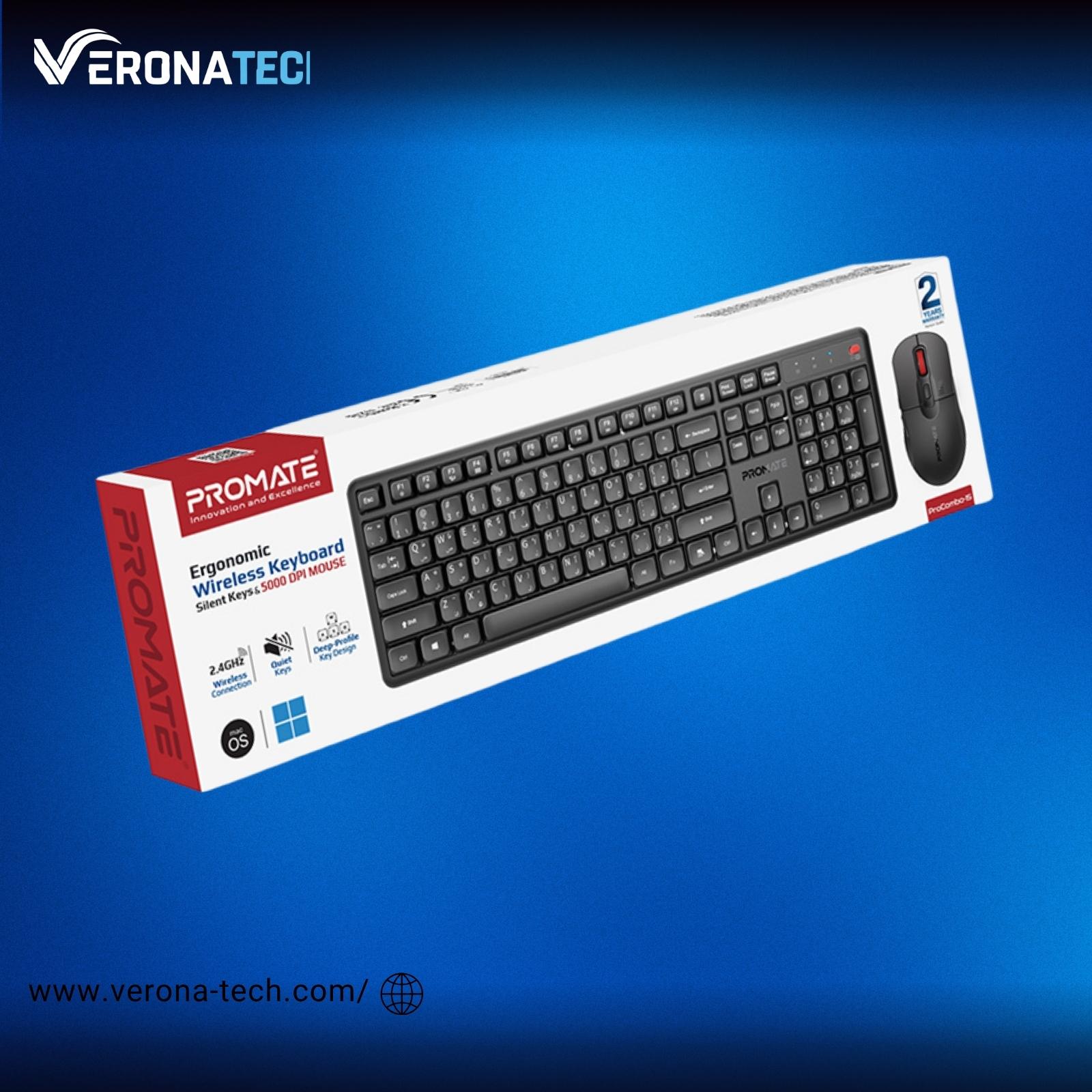 Promate ProCombo Low Profile-15 Wireless Keyboard & Mouse Combo (EN/AR) — أسود