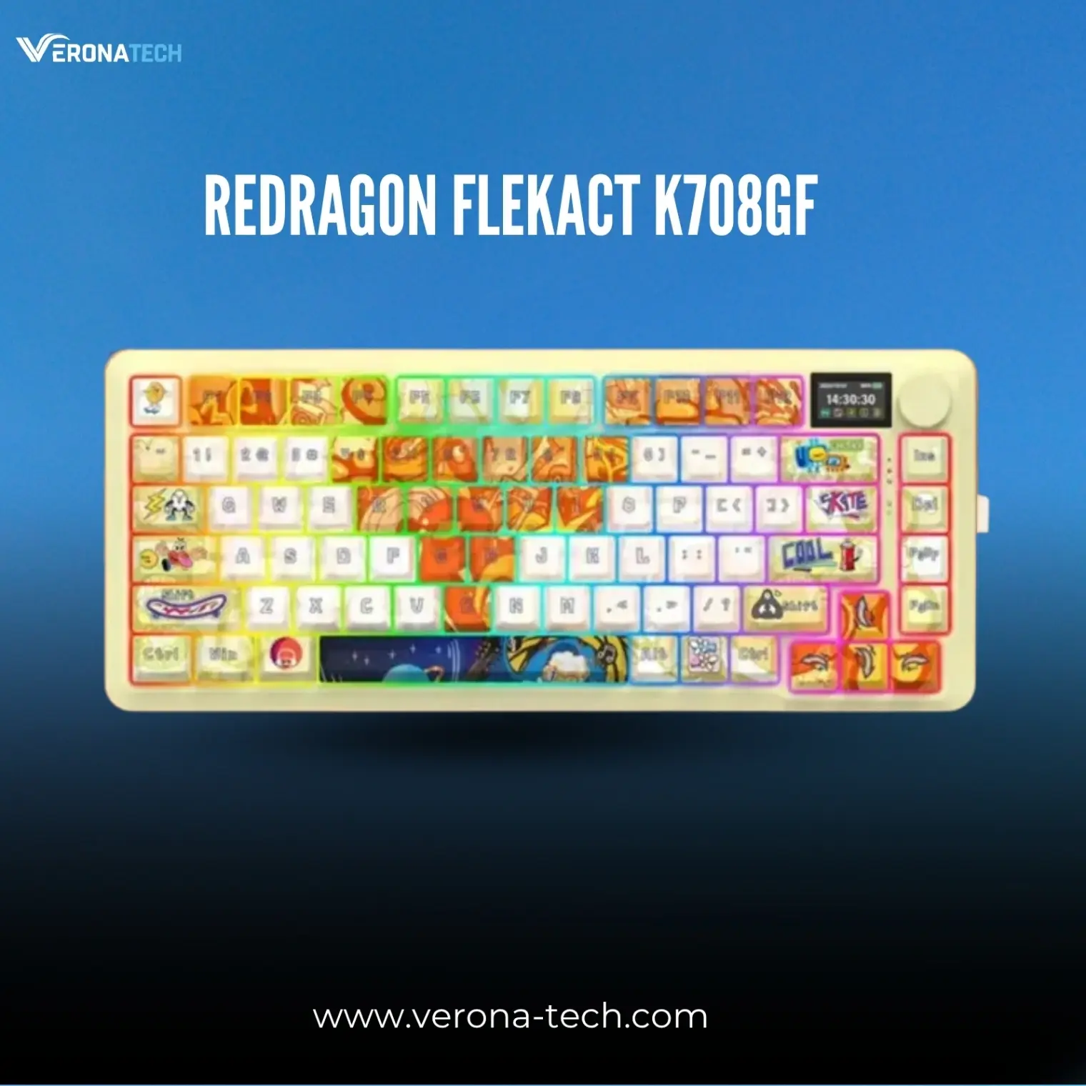 Redragon FLEKACT K708GF-RGB-PRO Tri-Mode Gasket Mechanical Keyboard with LCD Display - Beige