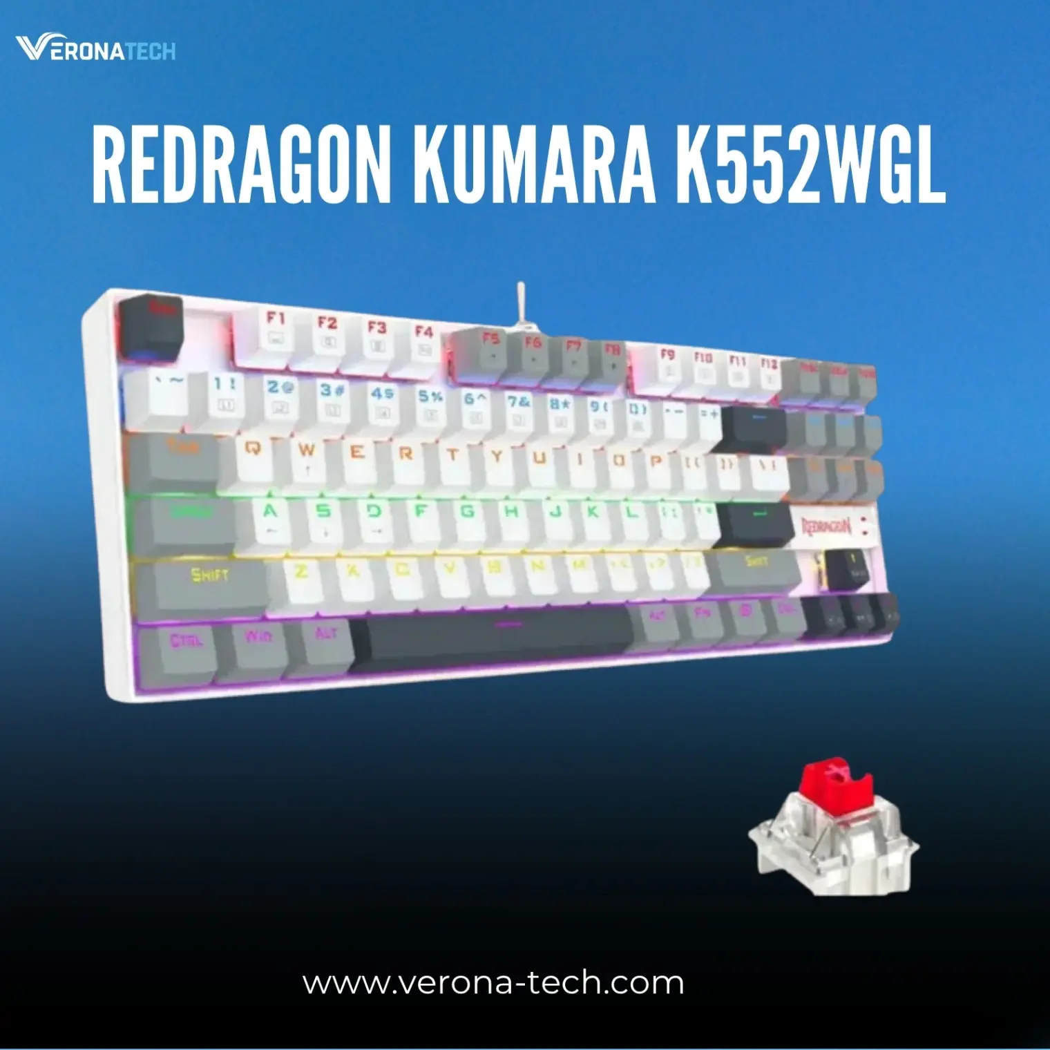 Redragon Kumara K552WGL-RGB Mechanical Gaming Keyboard - Red Switch - White/Gray