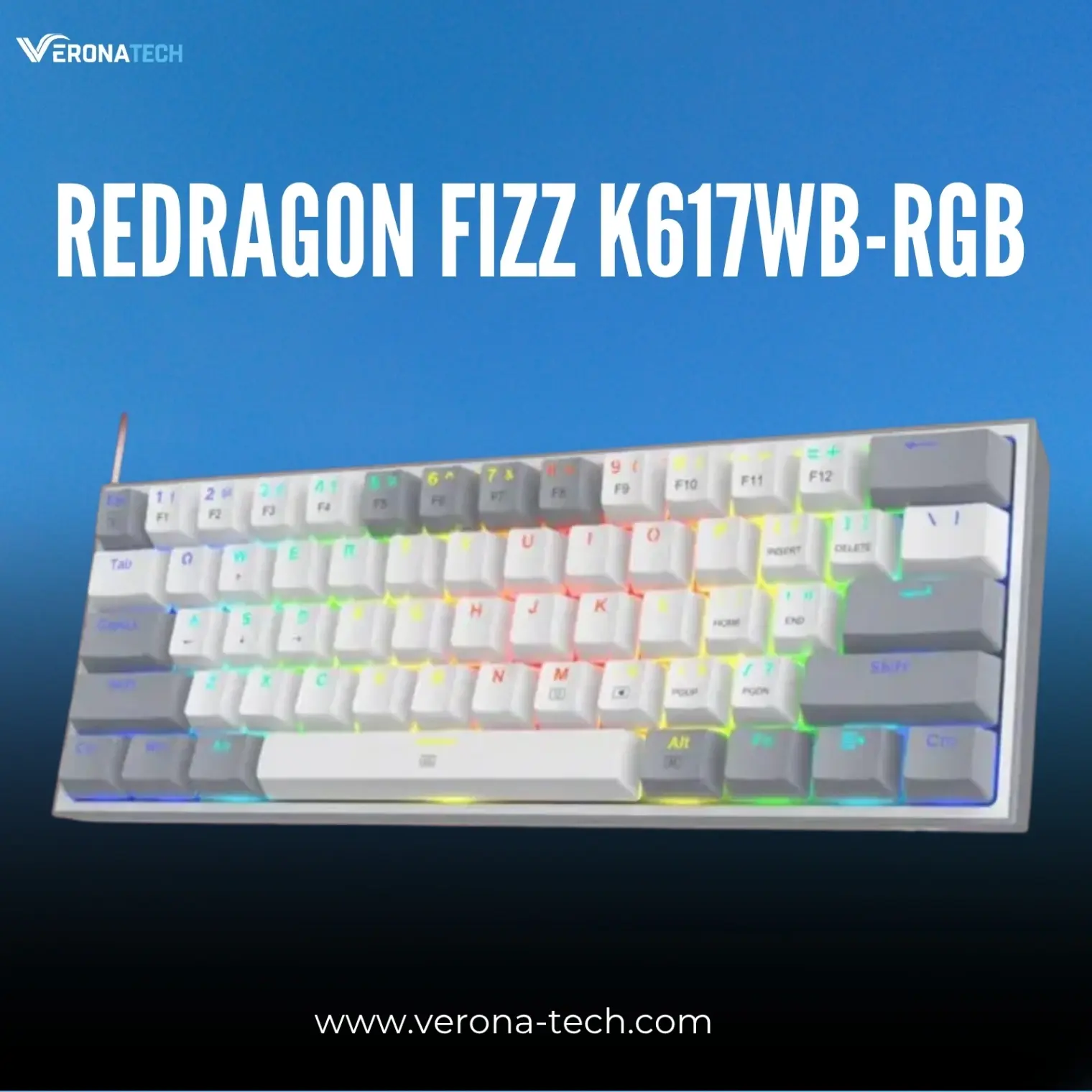 Redragon FIZZ K617WB-RGB 60% Wired RGB Mechanical Gaming Keyboard - Red Switch - White/Grey