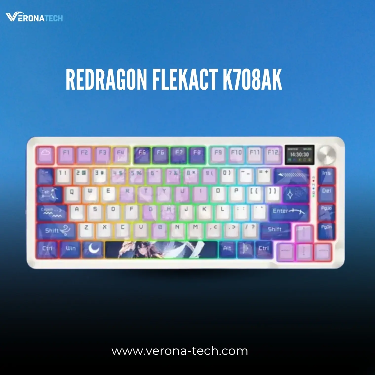 Redragon FLEKACT K708AK-RGB-PRO Tri-Mode Gasket Mechanical Keyboard with LCD Display - Purple/Blue